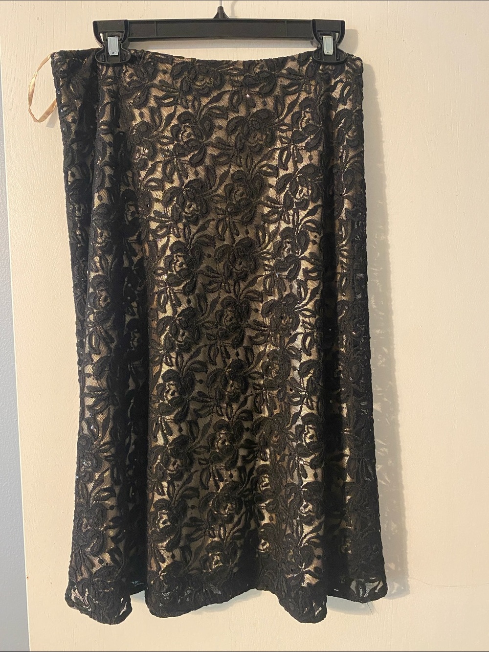 Black Floral Lace A-Line Skirt with Nude Lining